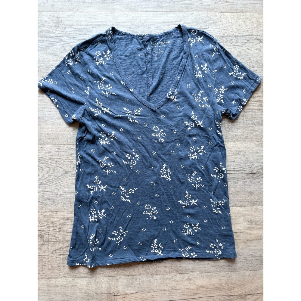 Lucky Brand‎ Los Angeles Women's Small Blue White Floral Scoop V-Neck Baby Tee